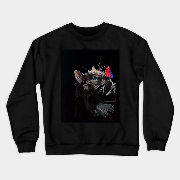 Cat and Butterfly Vektor Design Crewneck Sweatshirt by Rumah Animaton